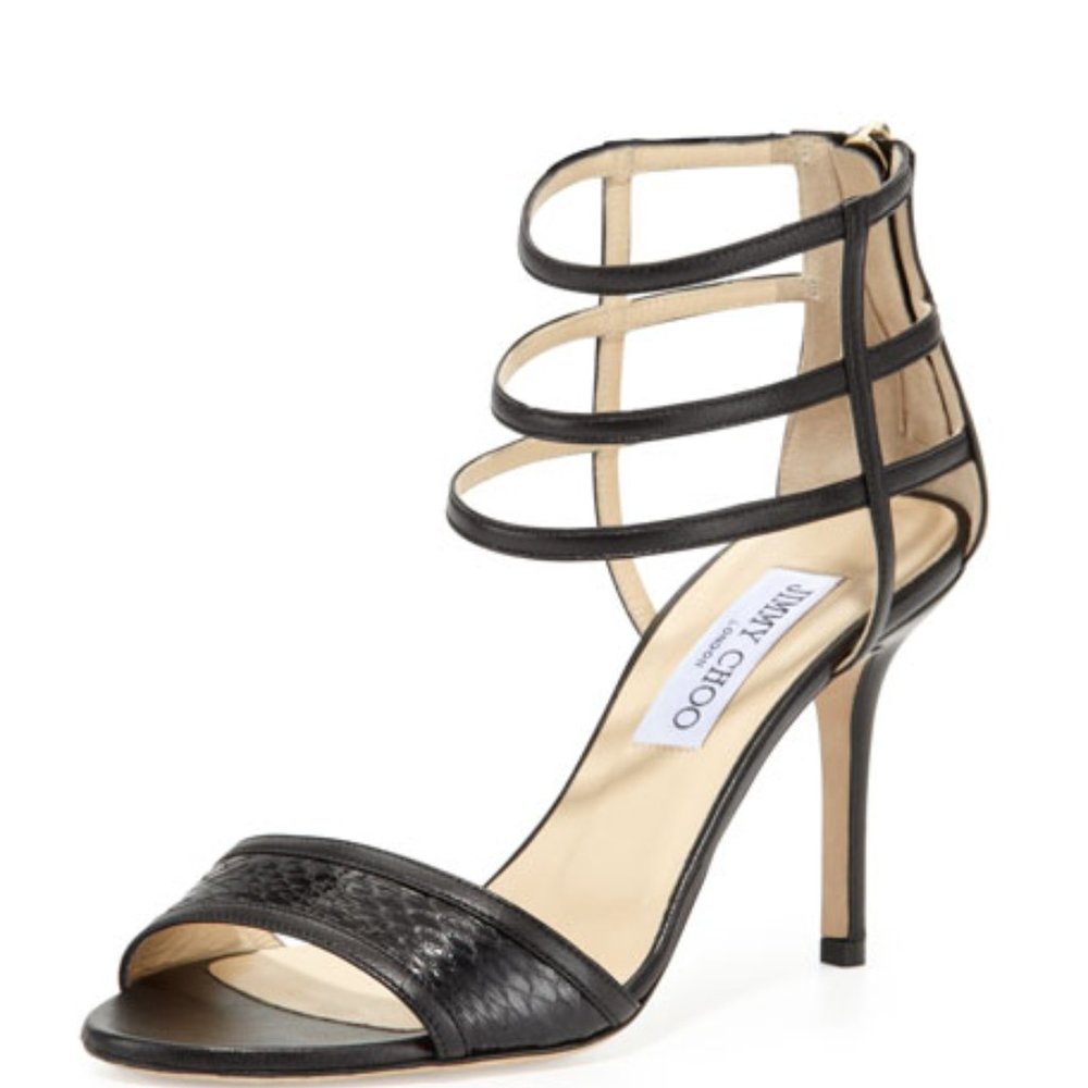 Jimmy Choo Tarika Snake & Napa Cage Sandal, Black